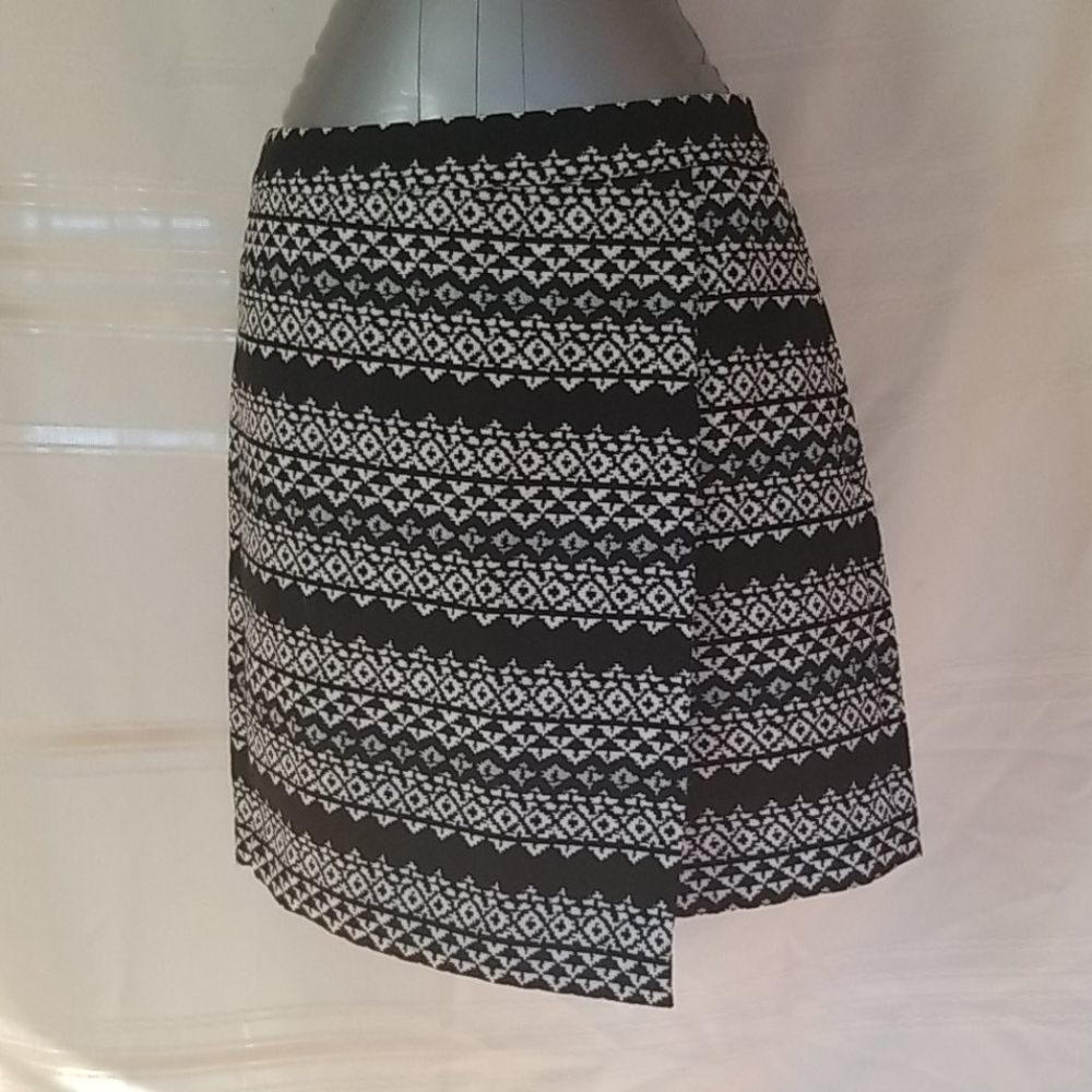 Black, white and blue pattern faux wrap skirt